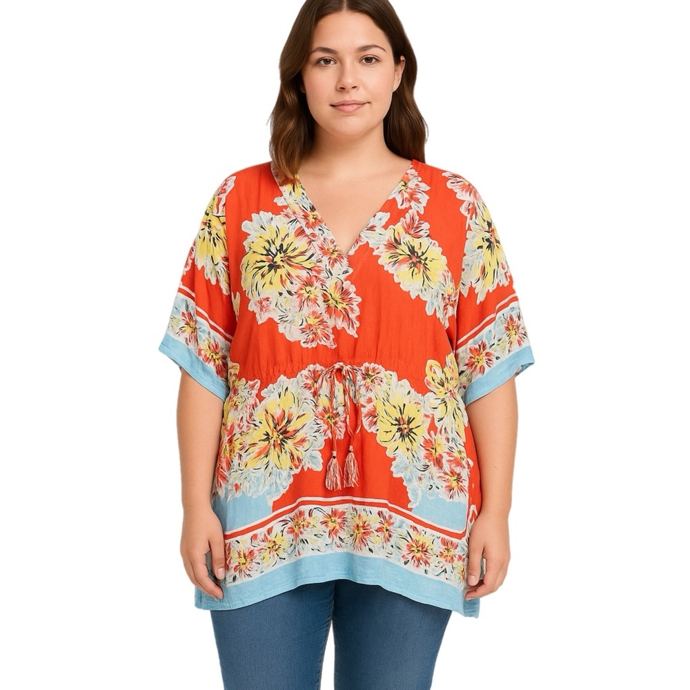 Johnny Was Orange Floral V-Neck Tunic with Blue Trim
